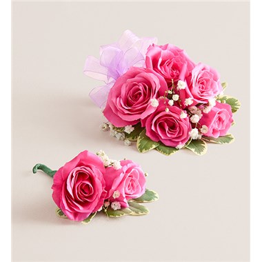 Hot Pink Spray Corsage & Bout -Lavender Bow